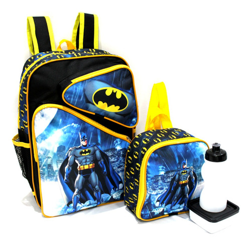 Mochila Infantil Batman 3 Bolsos Costas Grande  Lancheira Cor Preto