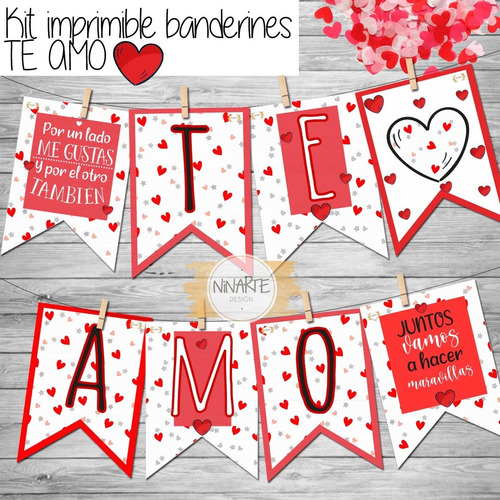 Kit Imprimible Banderines San Valentin Te Amo Pdf Enamorados Mercado Libre