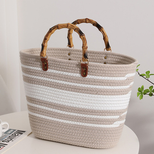 Bolsos De Playa De Moda Con Mango De Bambú, Algodón Tejido A