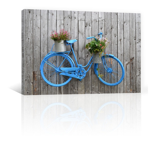 Cuadro Decorativo Vintage Canvas Bicicleta Azul Con Flores
