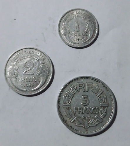 3 Monedas De Francia 1 - 2 Y 5 Francos Vf. (Usado)