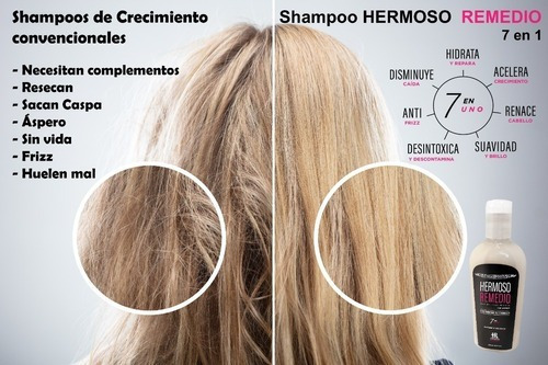 Imagen 4 de 9 de Pack Shampoo Hermoso Remedio ® Crecimiento Acelerado Anticaida Reparador Hidratante Anti Frizz Para Mujer 250ml Por 2 Unidades