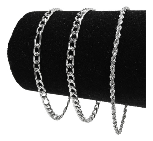 Kit 3 Pulseiras Masculina Aço Inoxidável Prata Comprimento 21 Cm Diâmetro 21 Cm