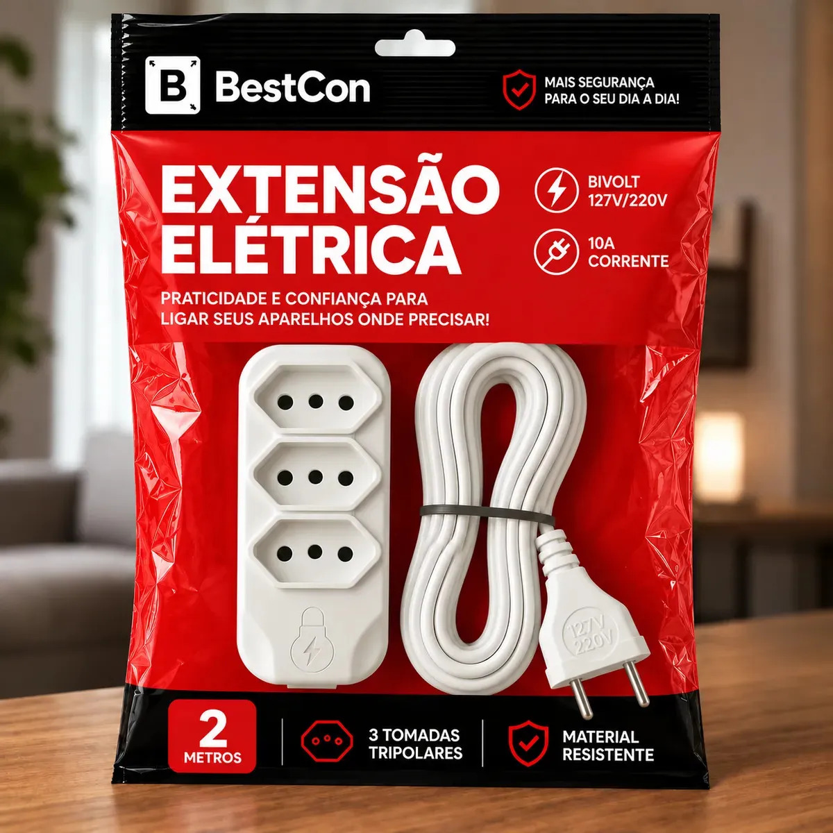 Extensão Elétrica 2 Metros com 3 Tomada Bivolt Branco Bestcon