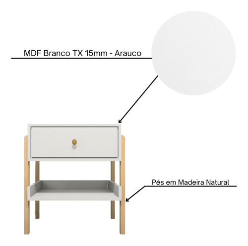 Mesa De Cabeceira Em Mdf Pés Pinus Com 1 Gaveta E Prateleira Acabamento Fosco Cor Branco TX