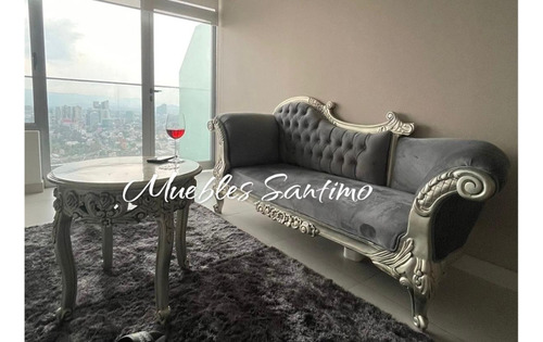 Diván Y Mesa En Cedro Plata Y Tapiz Gris Claro Fino Lujo