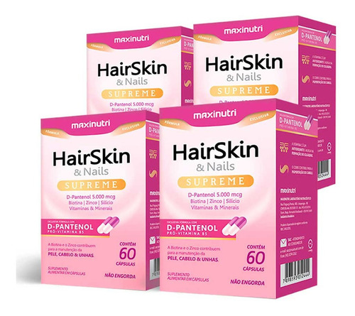 04 Un Hairskin Supreme D-pantenol 60 Cápsulas Loja Maxinutri Sabor Sem Sabor