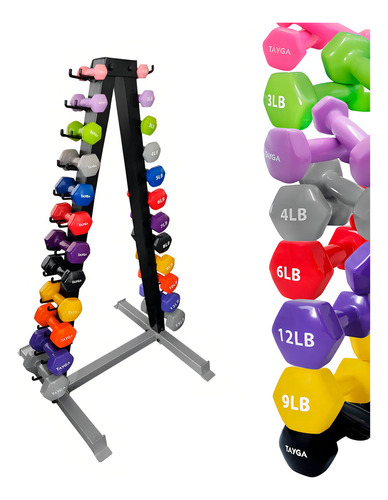Set De Rack Con Mancuernas De Vinil 1-15lb Color Negr