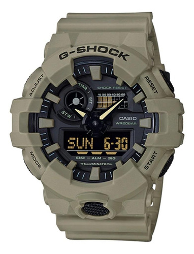 Reloj pulsera Casio G-Shock GA-700UC de cuerpo color beige, analógico-digital, para hombre, fondo negro, con correa de resina color beige, agujas color amarillo, dial beige, subesferas color negro, minutero/segundero blanco, bisel color beige, luz blanco y hebilla doble