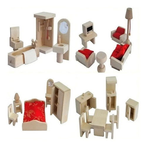 Set Completo Muebles De Madera Para Casa Muñecas 20 Piezas