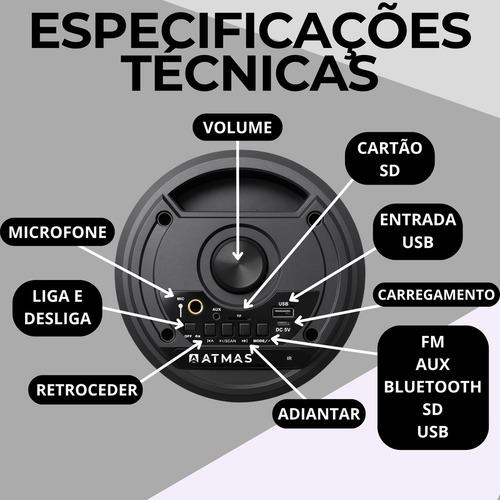 Caixa De Som Potente Bluetooth Portátil Com Alto Falante Potente Até 6 Horas De Bateria Caixa De Som Bluetooth Portátil Com Microfone Usb 10w Marca Atmas