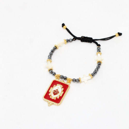 Pulsera Acerina Con Cruz Y Placa Sagrado Corazón