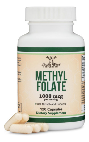 Double Wood supplements Metilfolato 1,000mcg 120 cápsulas suplemento de folato de metilo probado por terceros sabor sin sabor