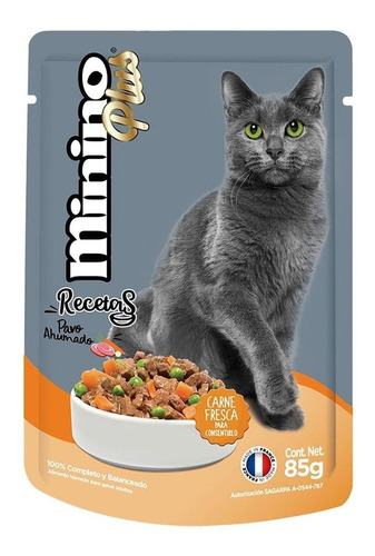 Alimento Minino Plus Recetas para gato adulto sabor pavo ahumado en sobre de 85g