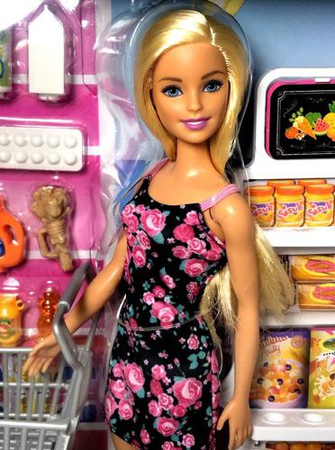 Set de supermercado de lujo, muñeca Barbie rubia, viene con accesorios como bolsa y caja para carrito de compras, Mattel Toys