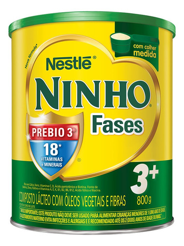 Leche de fórmula en polvo sin TACC Nestlé Ninho Fases 3+ en lata de 1 de 800g - 3  a 5 años