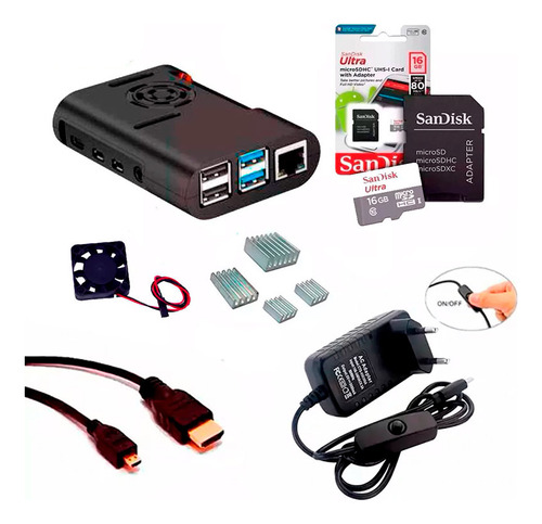 Case Cooler, Fonte Botão On/off + 16gb P/ Raspberry Pi4 Nfe