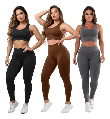 Kit 03 Conjuntos Calça Legging E Top Roupas Para Academia