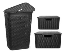 Comprar Canasto Cesto Ropa Simil Rattan + 2 Organizadores Con Tapa