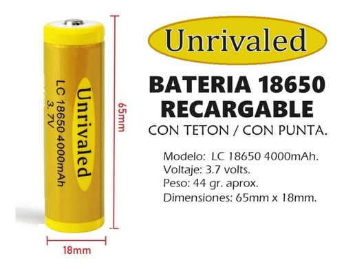 Batería Recargable 18650 Unrivaled Con Teton 3.7v 4000mah