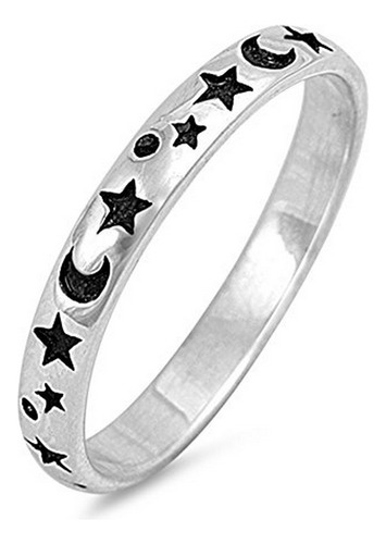 Anillo De Plata Esterlina Con Luna Y Estrella (talla 2 A 12