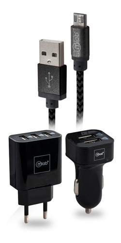 Kit Cargador 3 En 1 + Cable Micro Usb Negro Mlab