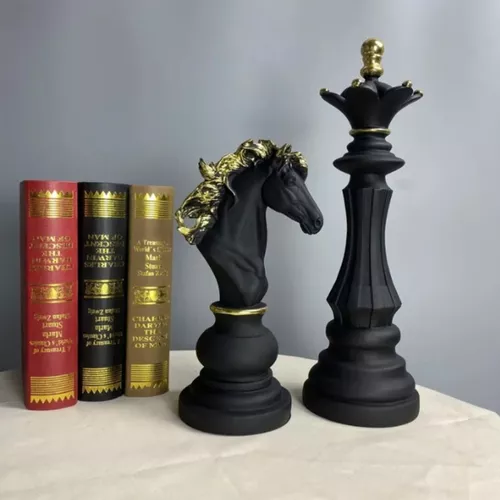 Decoração Peças De Xadrez Preto Rei E Rainha Escultura Grande