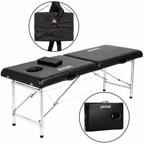 Camilla Para Masajes Profesional Expert Plegable + Bolso Portátil + Almohada + Patas Metal 75cm Forrada Pu Alta Calidad Orificio Facial