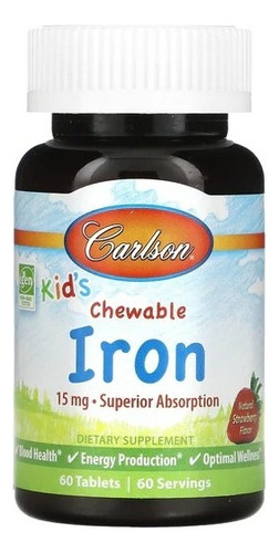 Carlson Labs Kid's Hierro 15 Mg, 60 Tabs Masticables Sabor Fresa