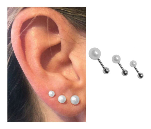 Aros Bolitas Perlas 3 Unid Escala Trio Piercing Lobulo Helix