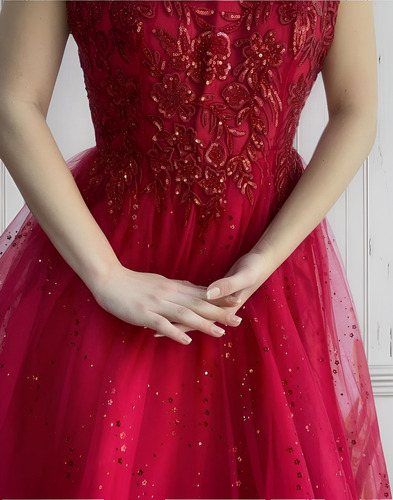 Vestido Largo Con Capas De Tul Princesa Rojo Moda Pasión