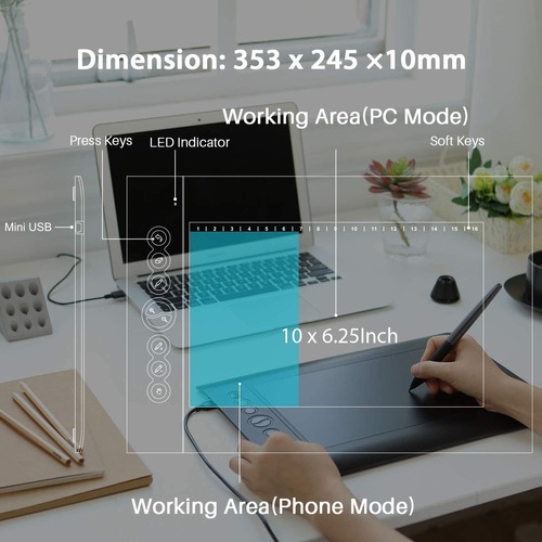 Huion H610 Pro V2 Tableta De Dibujo Gráfico Con Android Comp