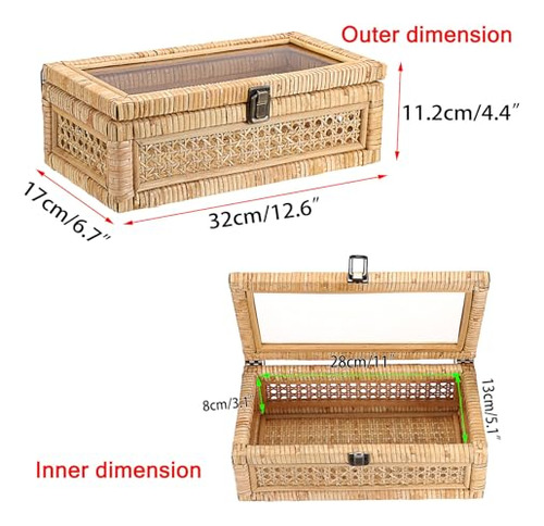 Caja Decorativa De Ratán Hipiwe Con Tapa Transparente Y Cerr