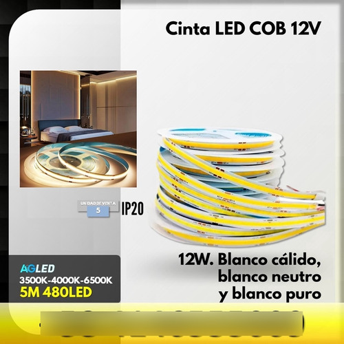 Cinta Led Cob Blanco Puro 5m 12v 480led Ip20 Adaptador 3amp