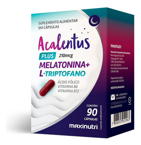 Melatonina Plus Acalentus + L Triptofano 90 Caps Maxinutri Sabor Sem Sabor