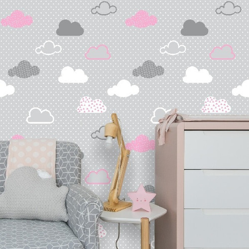 Imagem 1 de 2 de Papel De Parede Adesivo Nuvens Rosa, Branca E Cinza 3 Metros