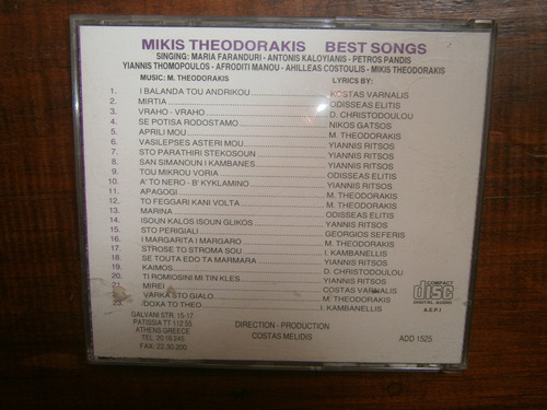 Mikis Theodorakis Best Song With His Best Singers Cd Import (Usado)