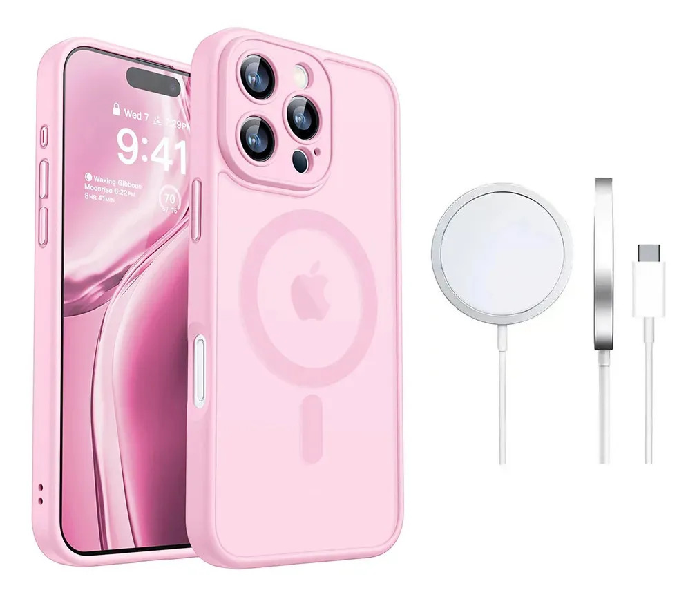 Imagen de Funda Case Para Iphone Rosa Con Magsafe + Cargador Inalambrico Uso Rudo Antideslizante Mate Translúcido A Prueba De Golpes Para iPhone 16 Pro Zacateq
