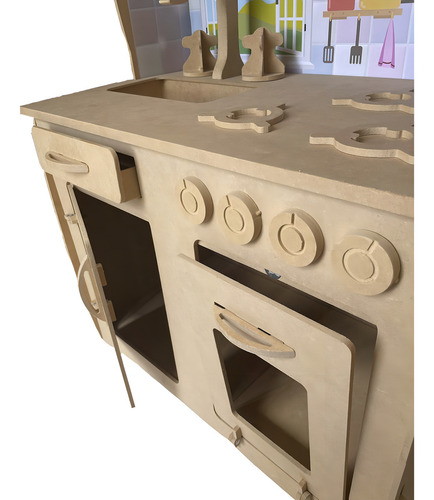 Cocinita Para Niños Con Sticker + Heladera Madera Fibrofacil Color Minichef Fibro