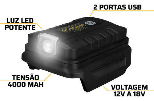 Adaptador De Carregamento Usb Para Baterias 18v Com Luz Led De Trabalho Gorillaz