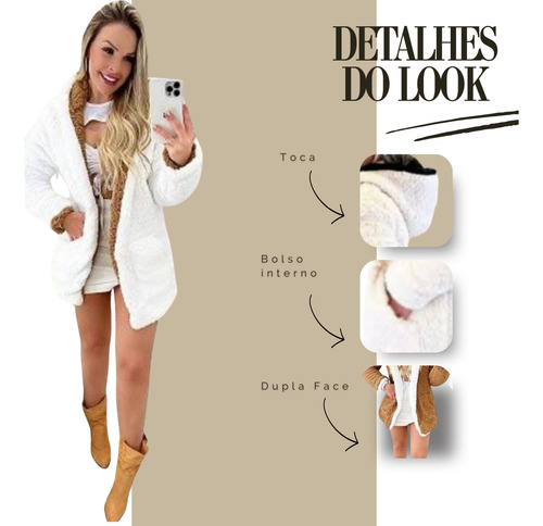 Casaco Teddy Pelúcia Dupla Face Inverno Feminino Com Capuz