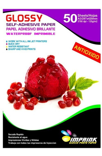 Papel Adhesivo Glossy Brillante Antioxido A3/135g/50 Hojas