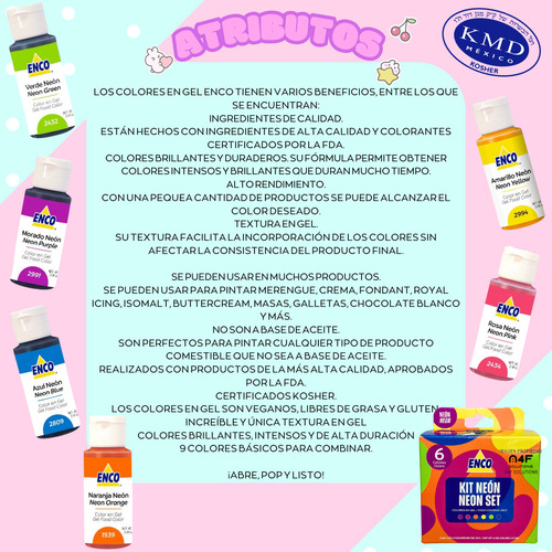 Colorante Neón En Gel Enco Comestible Kit 6 Colores