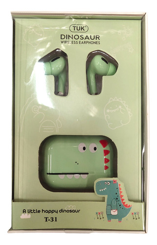 Auriculares Bluetooth In Ear Dinosaurio Verde Con Estuche Color Multicolor