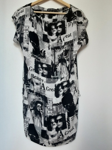 Imagen 7 de 10 de Vestido Estampado Periódico, Cerrado Manga Corta, Talla S