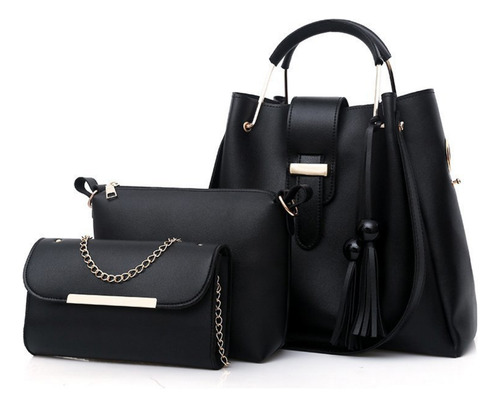 Set3 Bolsas Mujer Cartera Moda Crossbody Tote Pu Color Black