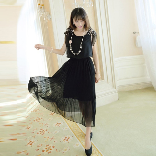 Vestido Talla M Negro Floral De Gasa Plisada Nuevo Importado