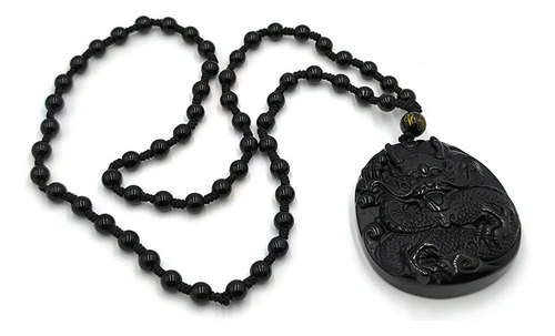 Collar Feng Shui Dije Dragón Tallado En Obsidiana