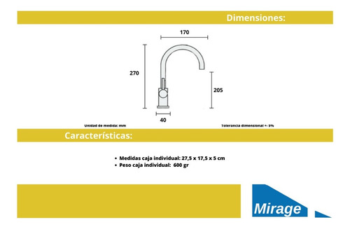 Llave Monomando Lavaplato Vertical Cromado Mirage