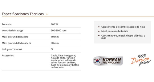 Imagen 6 de 10 de Sierra Caladora Daewoo 800w Vel Variable Pendular Guia Laser